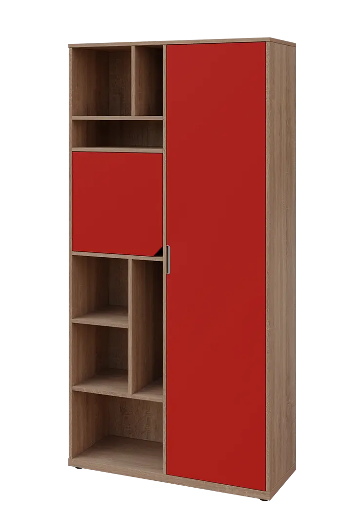 KSR6-83 P skříň šatní, 1x výsuvné ramínko, dvířka, niky, 2053x1022x400 mm, provedení pravé, dub bardolino/červená